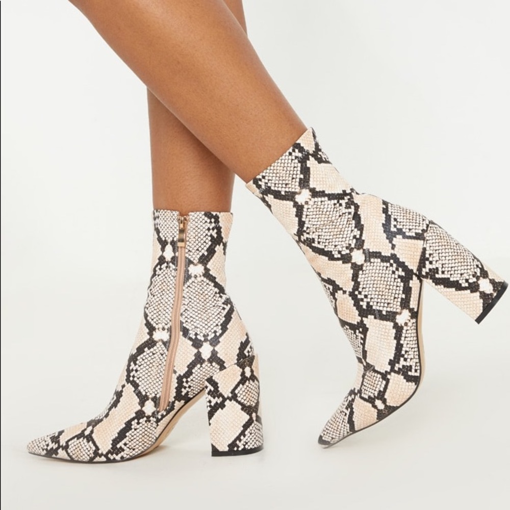 PLT Point Toe Snake Ankle Sock Boot